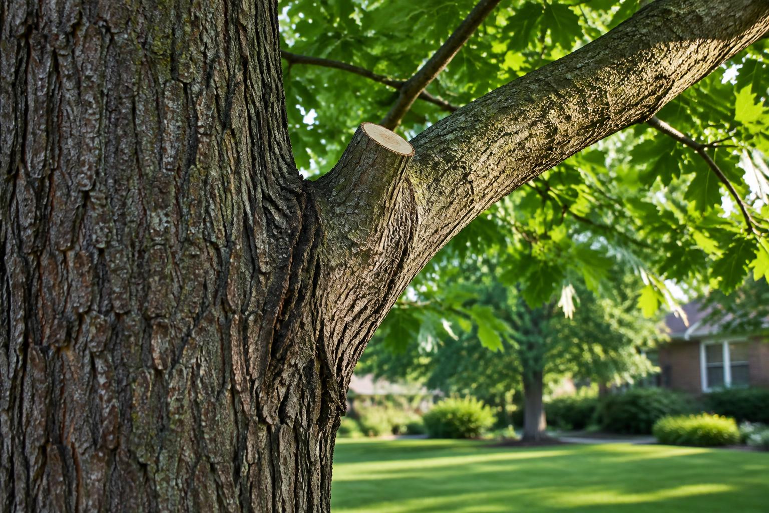 Pruned limb near a healthy branch collar with intact leafy oak branches
