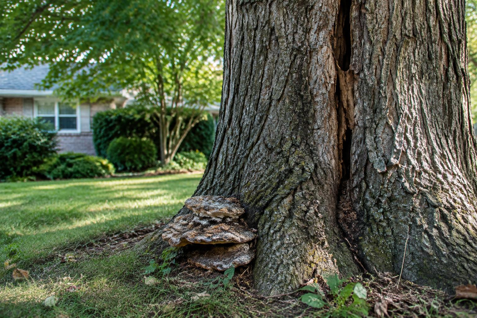 Cracked oak trunk with shelf fungus at its base beside a residential lawn