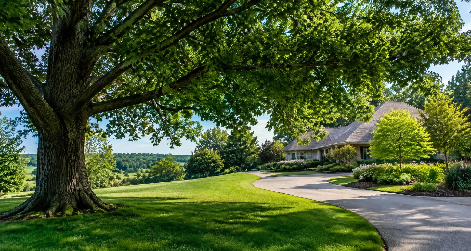 Mature oak shading a well-maintained lawn and curved residential driveway