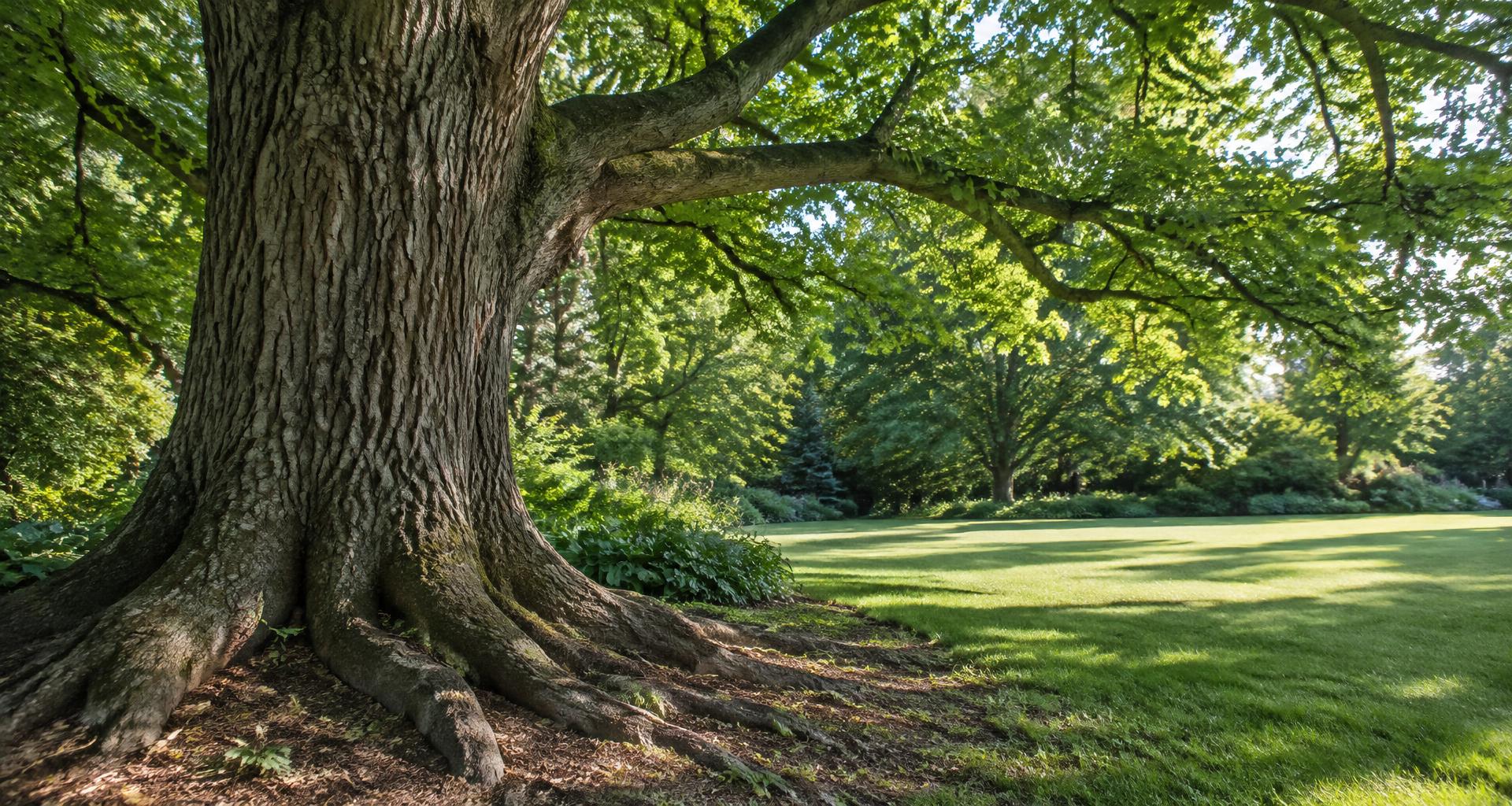 Mature oak tree with spreading roots beside a carefully maintained garden