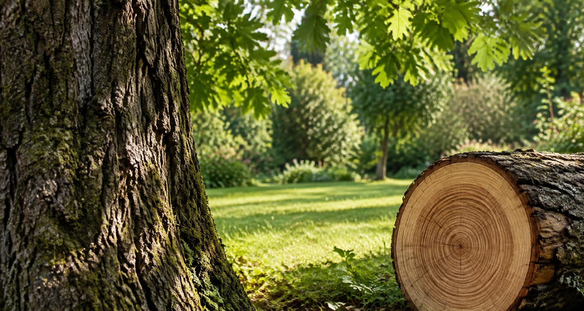 Annual growth rings exposed on a cut oak log beside a mature tree