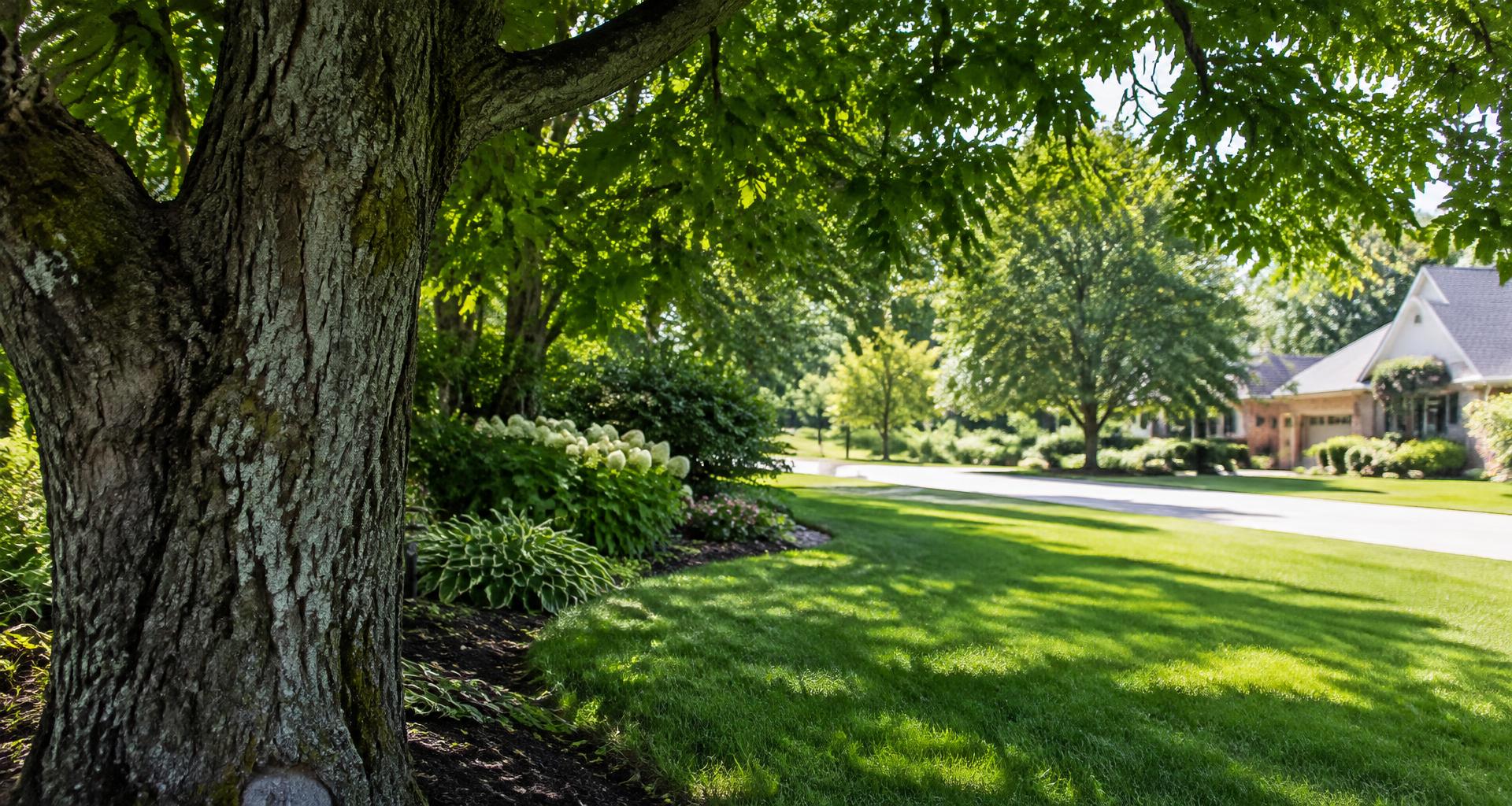 Shade tree overlooking a quiet residential street and landscaped lawn