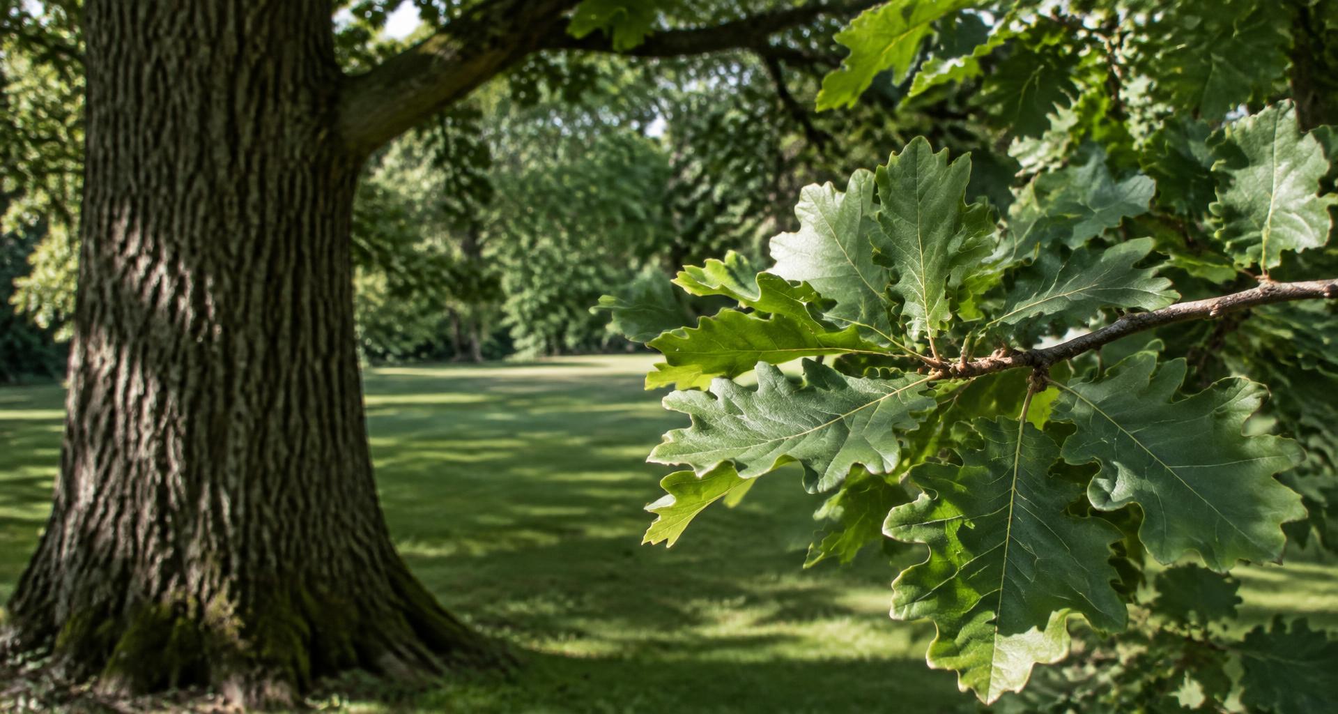 Detailed green oak leaves on a branch beside a mature tree in a garden