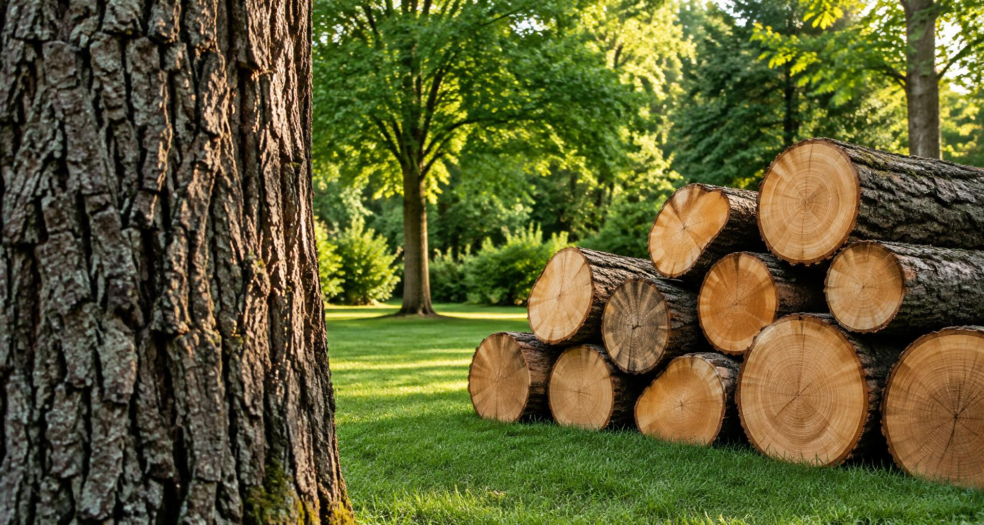 Neatly stacked freshly cut oak logs beside a mature tree on a lawn