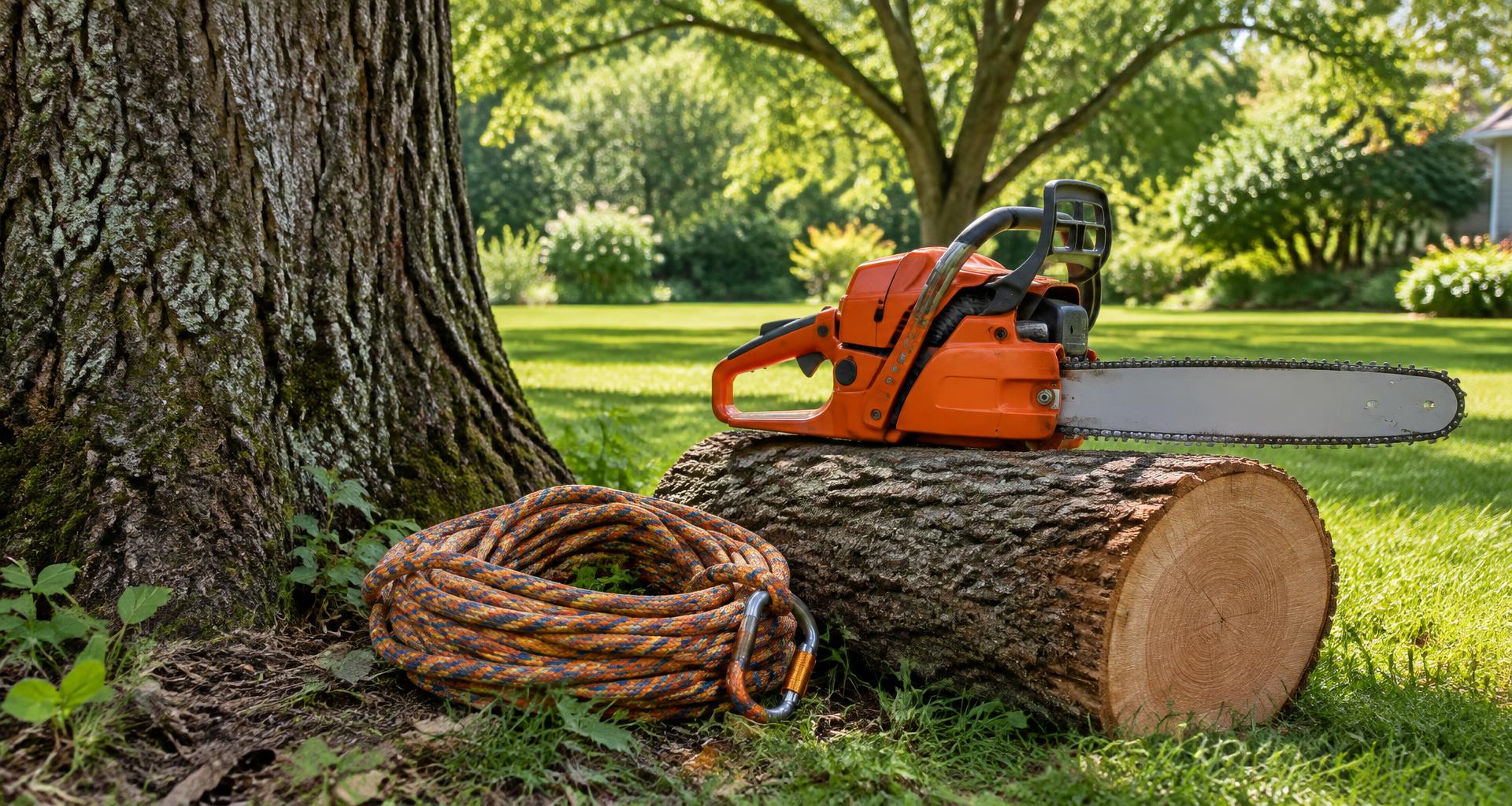 Chainsaw and coiled arborist rope beside an oak log on a green lawn