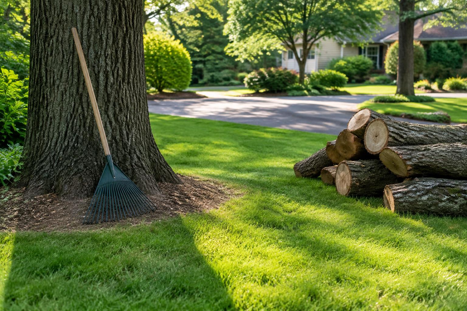 Rake and stacked cut logs beside a freshly cleaned residential lawn