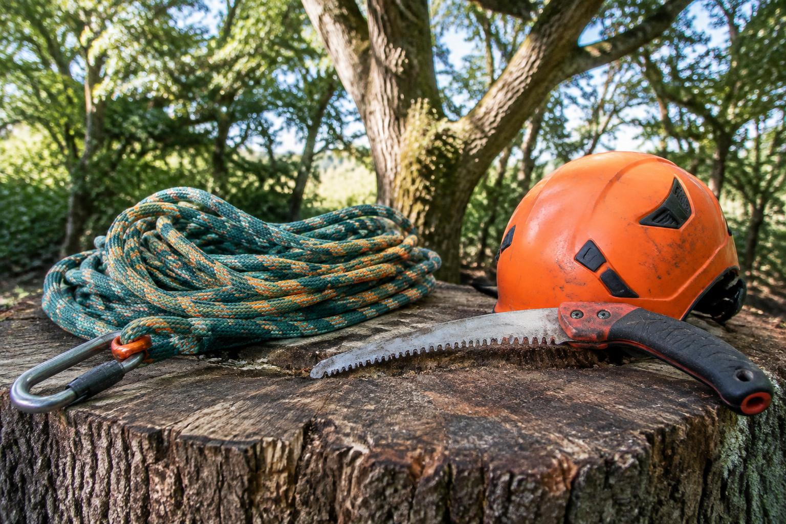 Arborist rope, pruning saw and safety helmet resting on an oak stump