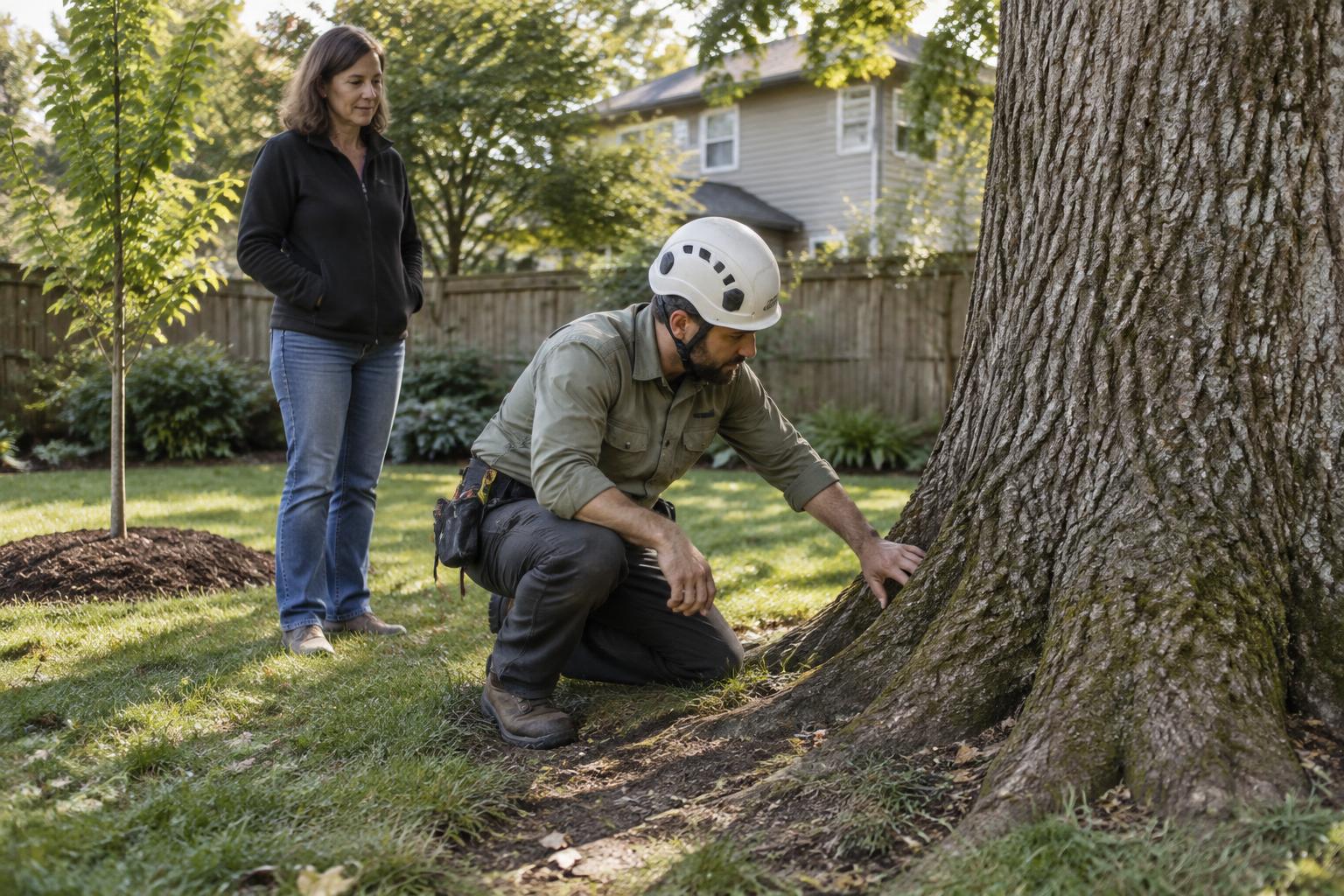 Arborist kneeling to inspect the roots of a mature backyard tree as the homeowner watches